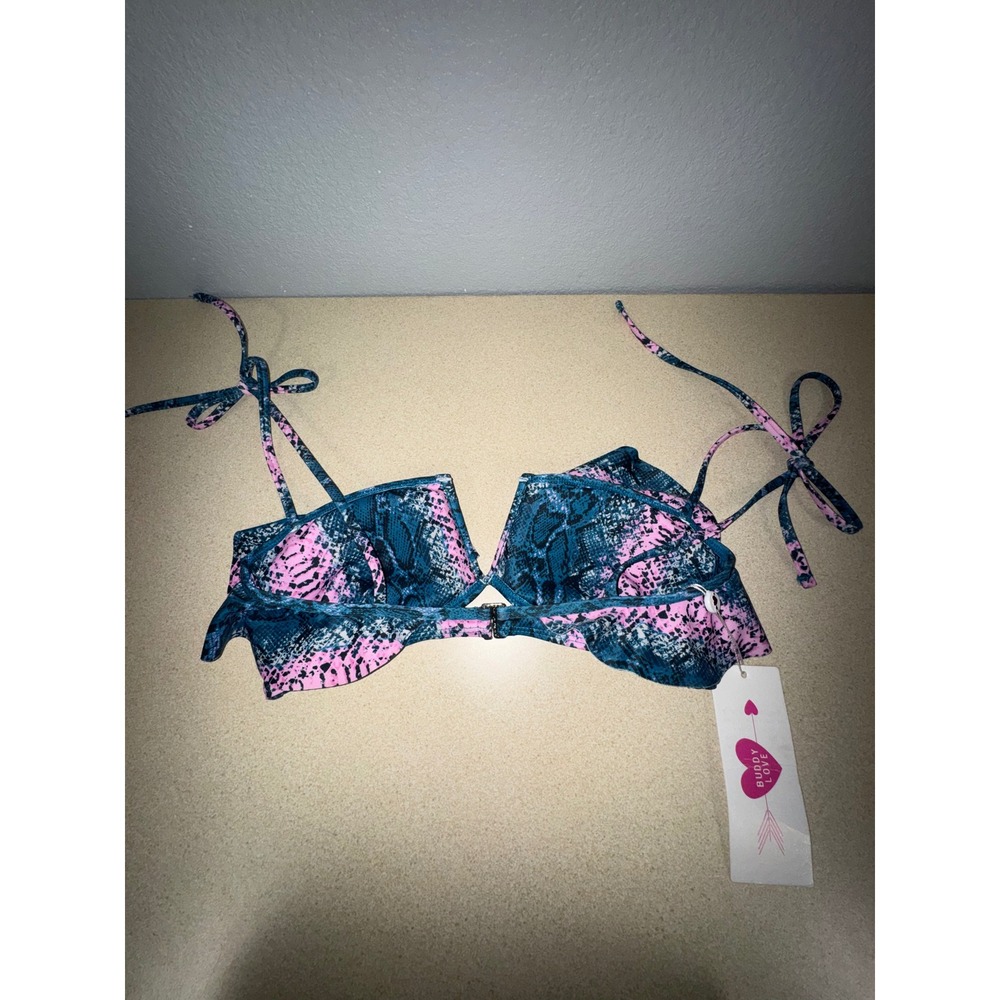 BuddyLove Naomi Bikini Top Pink Teal Snakeskin Ruffle Tie Strap Small NWT - Picture 2 of 5